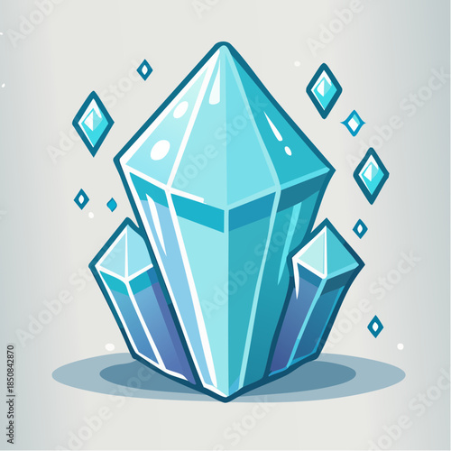 Illustration of a cluster of light blue crystals with diamond-shaped sparkles around them.