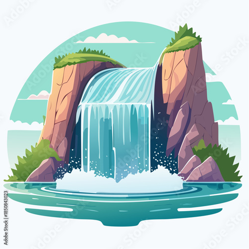 Cartoon illustration of a waterfall cascading into a pool of water.
