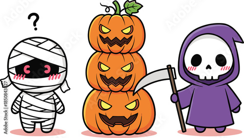 Vector Illustration of a Cute Chibi Mummy Jack-O-Lantern Pumpkin Tower and Grim Reaper Character for Halloween Holiday Decor