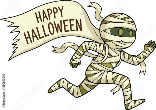 Vector Illustration of a Happy Mummy Running While Carrying a Flowing Banner That Reads Happy Halloween for Seasonal Decor