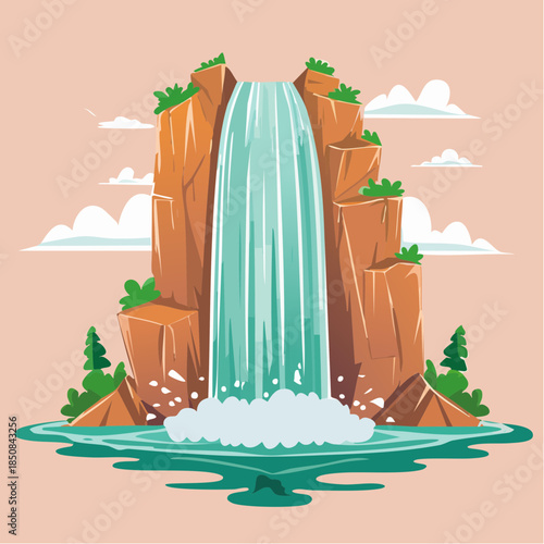 Cartoon illustration of a waterfall cascading down rocky cliffs into a pool of water.