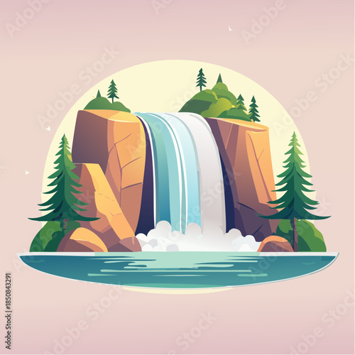 Cartoon illustration of a waterfall cascading into a pool surrounded by rocks and trees.