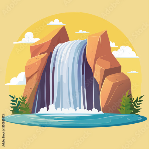 Cartoon illustration of a waterfall cascading between two large rock formations into a pool of water.