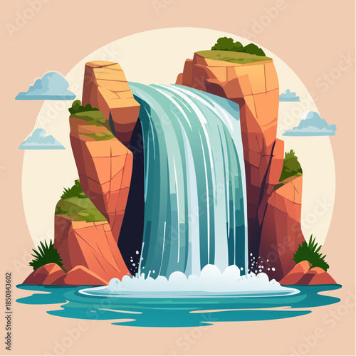 Cartoon illustration of a waterfall cascading between rocky cliffs into a pool of water.