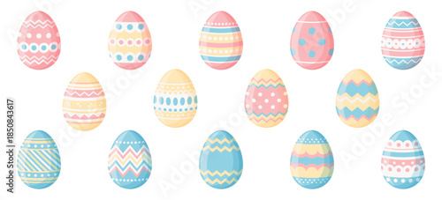 Set of easter eggs in pastel colour palette isolated on a clean white background. Easter vector collection in flat design.
