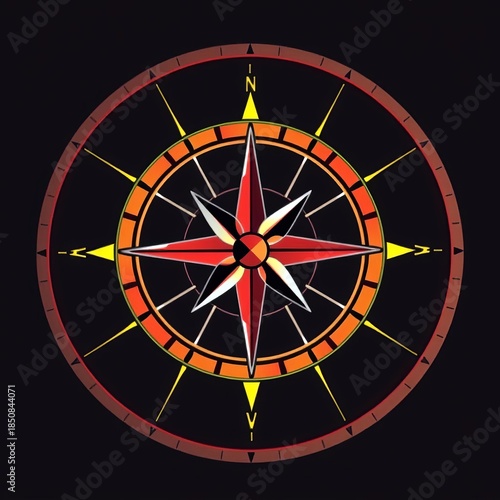A stylized compass rose points in all directions, its circular form a metaphor for exploration and guidance,  graphic,  travel