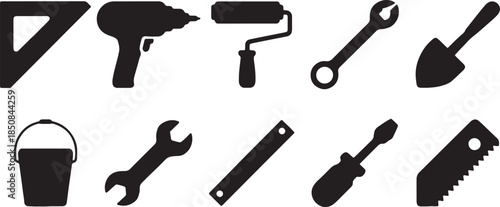 Construction tool line icons silhouette symbols with drill, saw, wrench, screwdriver, paint roller, bucket, trowel, ruler, isolated pictograms vector set