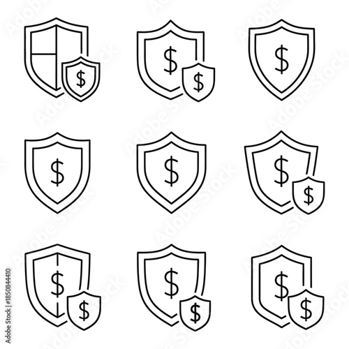 Shield Icons with Dollar Signs for Financial Security and Business Protection Concepts