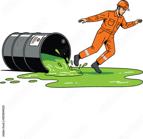 Industrial worker in an orange uniform slipping on a puddle of spilled green chemical next to an overturned drum, symbolizing a serious workplace safety hazard.