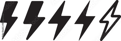 Lightning bolt icons with energy, power, charge, battery, depletion, symbol, isolated vector set