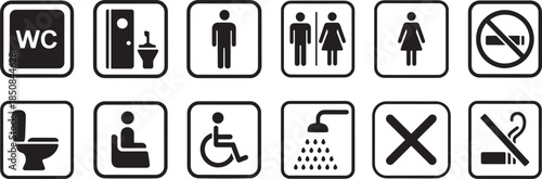 Restroom and facility icons with wc, toilet, male, female, wheelchair, shower, no smoking, waiting, accessibility, isolated vector set