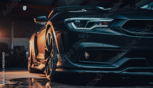 Cinematic Sports Car Front Detail with Headlights at Night