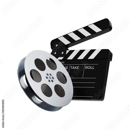 Movie clapper board with reel 3d render