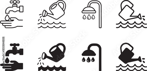 Water usage icons with faucet, handwash, shower, watering can, droplet, conservation, hygiene, isolated vector set
