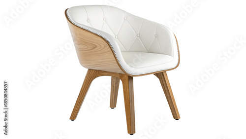 Elegant Modern White Leather Armchair with Wooden Shell and Legs