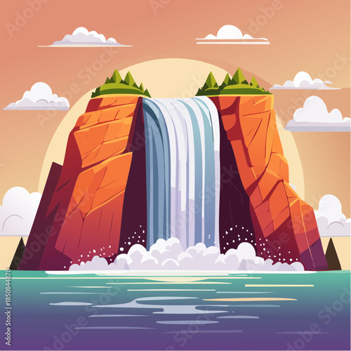 Cartoon illustration of a waterfall cascading between two cliffs into a body of water.