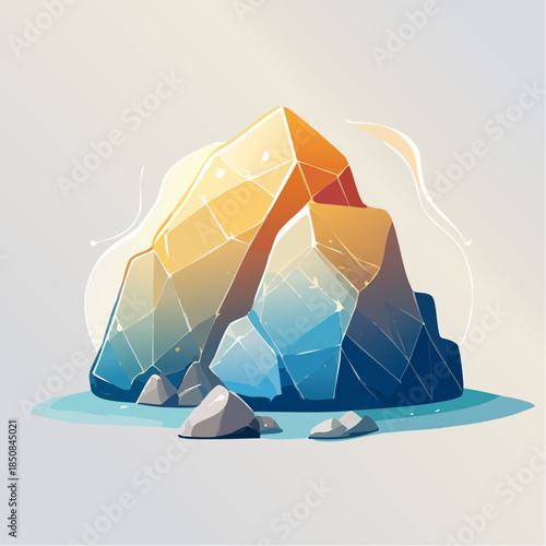 Stylized illustration of a crystalline mountain with warm and cool color gradients.