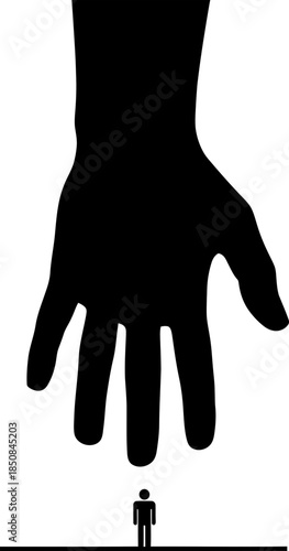 Gigantic black hand silhouette hovering above a small human figure, representing power imbalance and social hierarchy concept. Minimalist vector illustration design