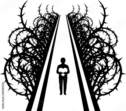 Man silhouette holding heart walking on road surrounded by thorn vines. Concept of difficulty, challenge, obstacle. Vector illustration
