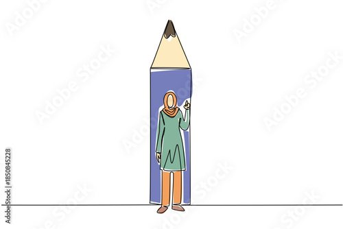 Continuous one line drawing Arab woman stands in front of bottom end of pencil with a gesture. Creating iconic and new ideas. National Creativity Day. Single line draw design vector illustration