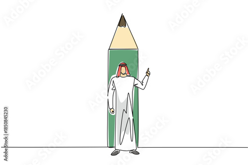 Continuous one line drawing Arab man stands in front of bottom end of pencil with gesture. Write down creative and brilliant ideas. National Creativity Day. Single line draw design vector illustration