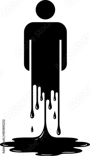 Man melting icon. Person silhouette dissolving or dripping as black puddle. Abstract concept of stress, problem, or change. Vector illustration