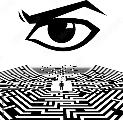 Man lost in a black and white maze under a watchful eye. Concept surveillance, control, challenge, decision, privacy. Vector illustration