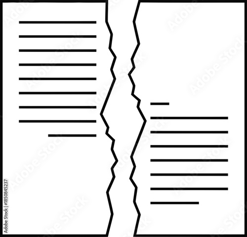 Ripped paper document icon representing breaking contract or agreement, business concept. Vector graphic symbol for web, app, print