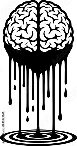 Human brain with black dripping liquid in tattoo style with ripple. Creative thought and mind concept. Vector illustration for emblem, logo, print