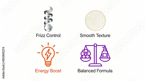 Elements such as anti frizz and smooth texture represent the beauty benefits of energy revitalization and formula balance, suitable for promotional materials in the beauty industry.
