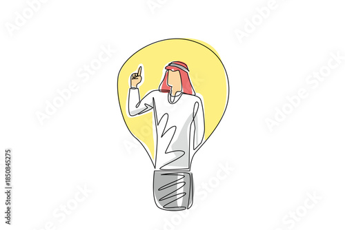 Single continuous line drawing Arabian man with gestures got an idea in a lightbulb. Brilliance of ideas. Clarity of thinking. Genius. National Creativity Day. One line design vector illustration