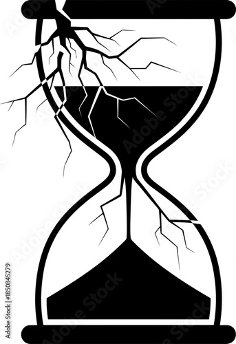 Hourglass breaking apart with sand running out, symbolizing time passing and destruction. Monochrome graphic vector illustration