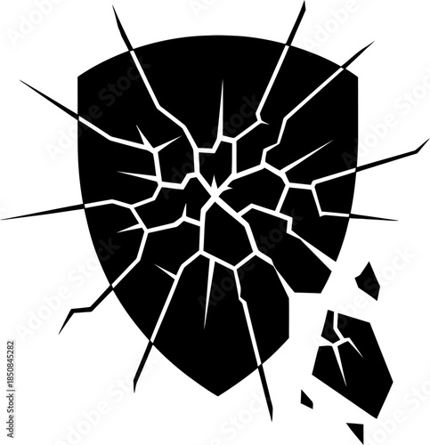 Broken shield icon with cracks, depicting a shattered defense or security concept. Vector illustration for protection, damage, accident, or failure design