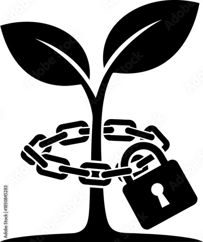Plant sapling growing with chain and padlock around stem. Concept of protected growth, conservation, environmental security. Vector illustration for icon