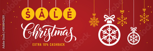 Festive red Christmas sale banner with hanging snowflake ornaments, bold Big Christmas Sale text, extra 10% cashback and up to 50% off offer, modern holiday shopping promotion background.