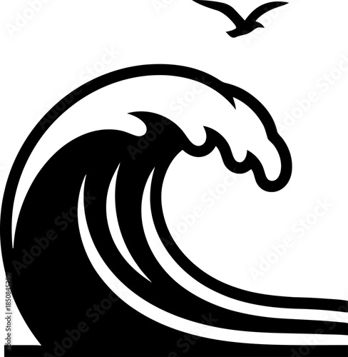 Big ocean wave with flying seagull as a symbol of power, nature, and adventure. Outline style icon for logo, print, tattoo design, sticker