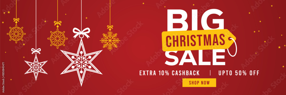 Obraz premium Festive red Christmas sale banner with hanging snowflake ornaments, bold Big Christmas Sale text, extra 10% cashback and up to 50% off offer, modern holiday shopping promotion background.