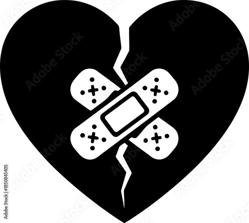 Broken heart with bandage. Concept of heartache, relationship problem, healing and recovery. Flat icon. Vector illustration for design