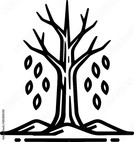 Stylized tree with bare branch and fallen leaves on ground, symbolizing life, nature, growth, and environmental concept. Vector illustration