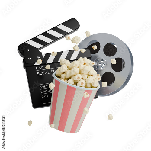 3D render of clapperboard, movie reels, and a bucket of popcorn with several popcorn kernels flying around. Suitable for a cinema poster