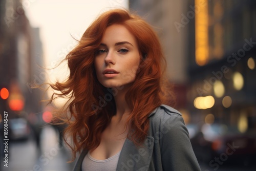 Wallpaper Mural Young woman with long, red hair posing on a city street at dusk Torontodigital.ca