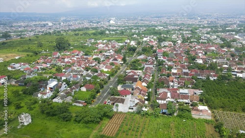 Panoramic aerial view of a sprawling suburban residential area with a mountain in the background.
