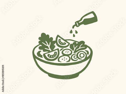 Salad Bowl with Dressing Bottle Minimal Doodle Vector Illustration