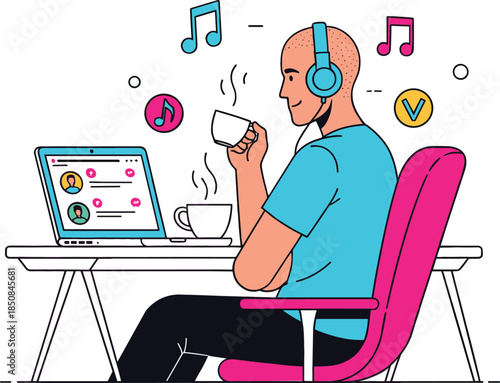 Vector Illustration of a Happy Man with Headphones Listening to Music and Drinking Coffee While Working on a Laptop at his Desk.