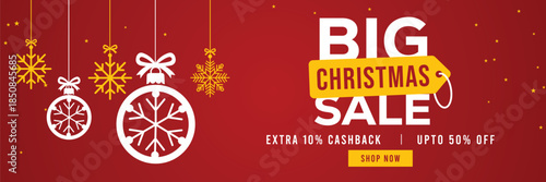 Festive red Christmas sale banner with hanging snowflake ornaments, bold Big Christmas Sale text, extra 10% cashback and up to 50% off offer, modern holiday shopping promotion background.