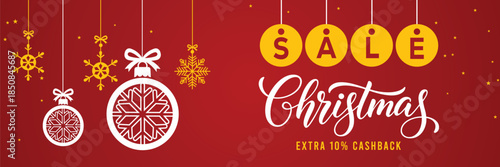 Festive red Christmas sale banner with hanging snowflake ornaments, bold Big Christmas Sale text, extra 10% cashback and up to 50% off offer, modern holiday shopping promotion background.