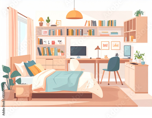 A cozy and organized bedroom with a dedicated study area, featuring a comfortable bed, a desk with a computer, and extensive bookshelves filled with books and decor.