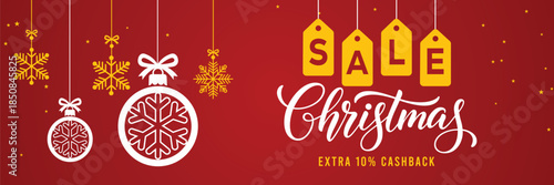 Festive red Christmas sale banner with hanging snowflake ornaments, bold Big Christmas Sale text, extra 10% cashback and up to 50% off offer, modern holiday shopping promotion background.