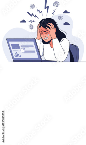 Vector Illustration of a Woman Experiencing Extreme Work Stress and Burnout while Working on a Laptop with Data and Charts.