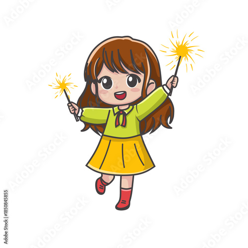 Cartoon illustration of a chibi woman celebrating New Year, holding burning fireworks. 